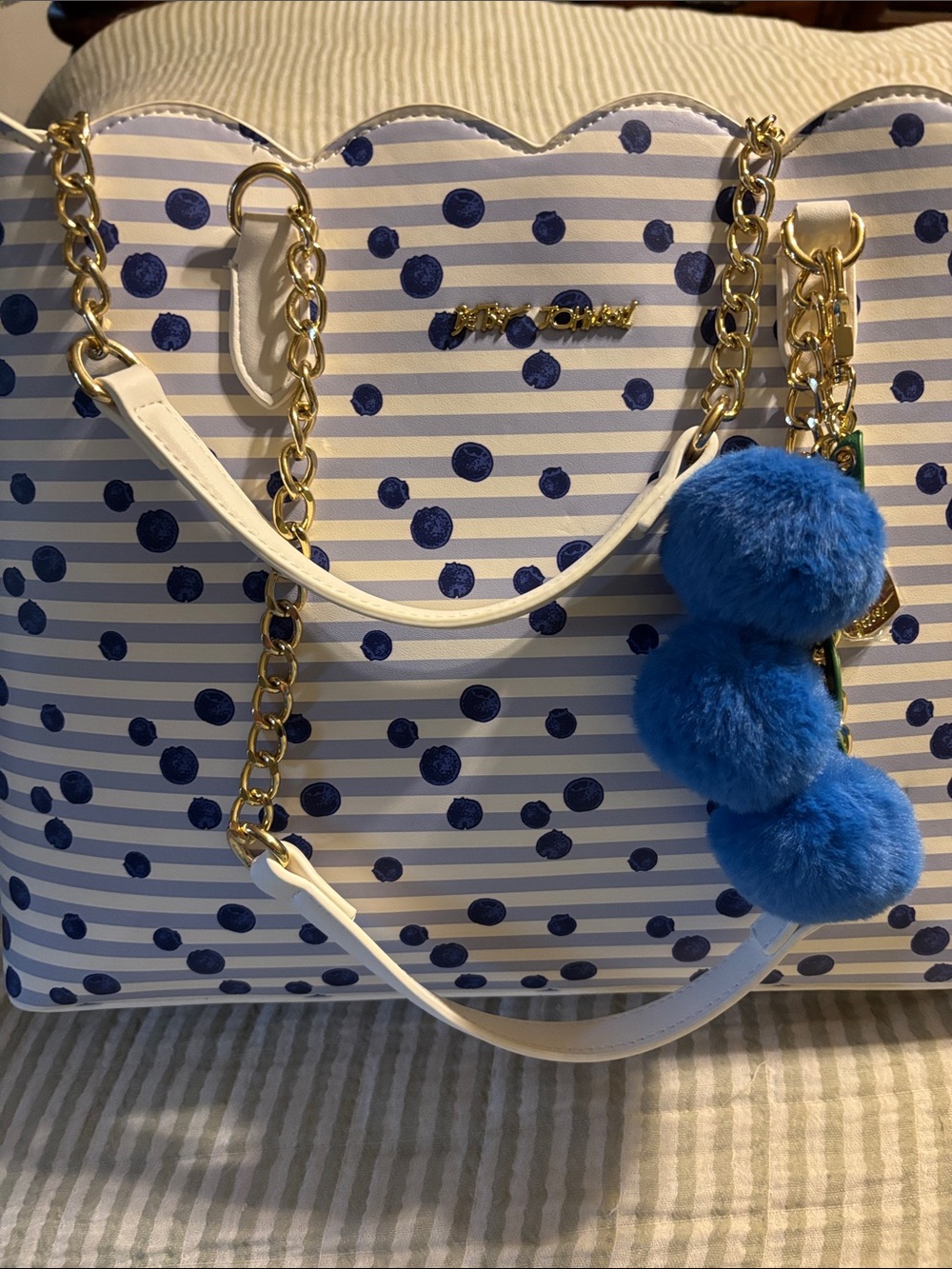 Betsey Johnson White and Navy Striped Polka Dot Tote with Blue Pom Charm
